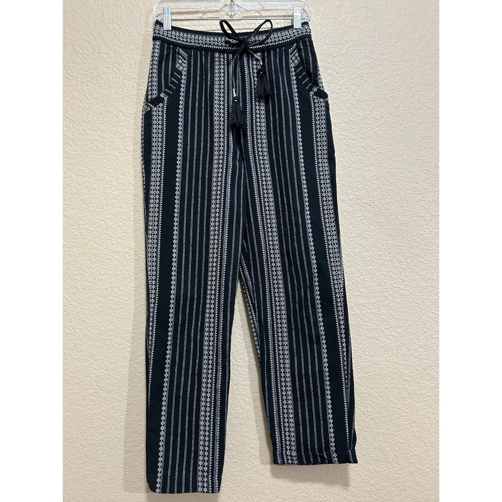 Anthropologie XS Striped Tassel Tapered Pants Black White Boho Geometric Cotton